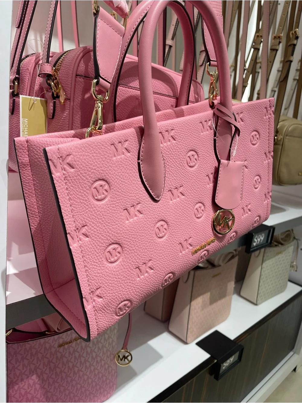 MICHAEL KORS Mirella Md EW Top Zip Logo Debossed Satchel Shoulder Carnation NWT